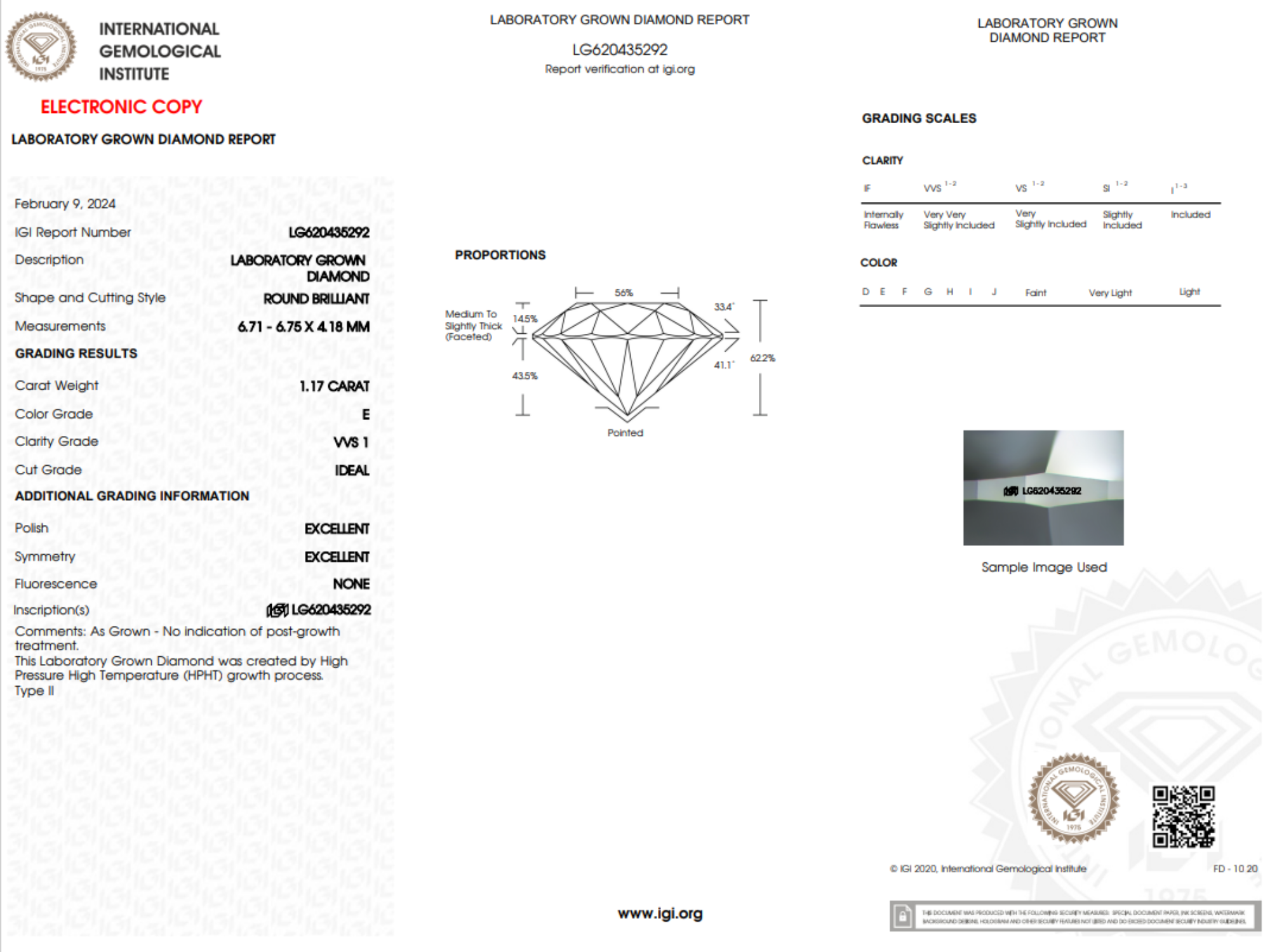 1.17ct E-VV1 laboratorní diamant IGI certifikát