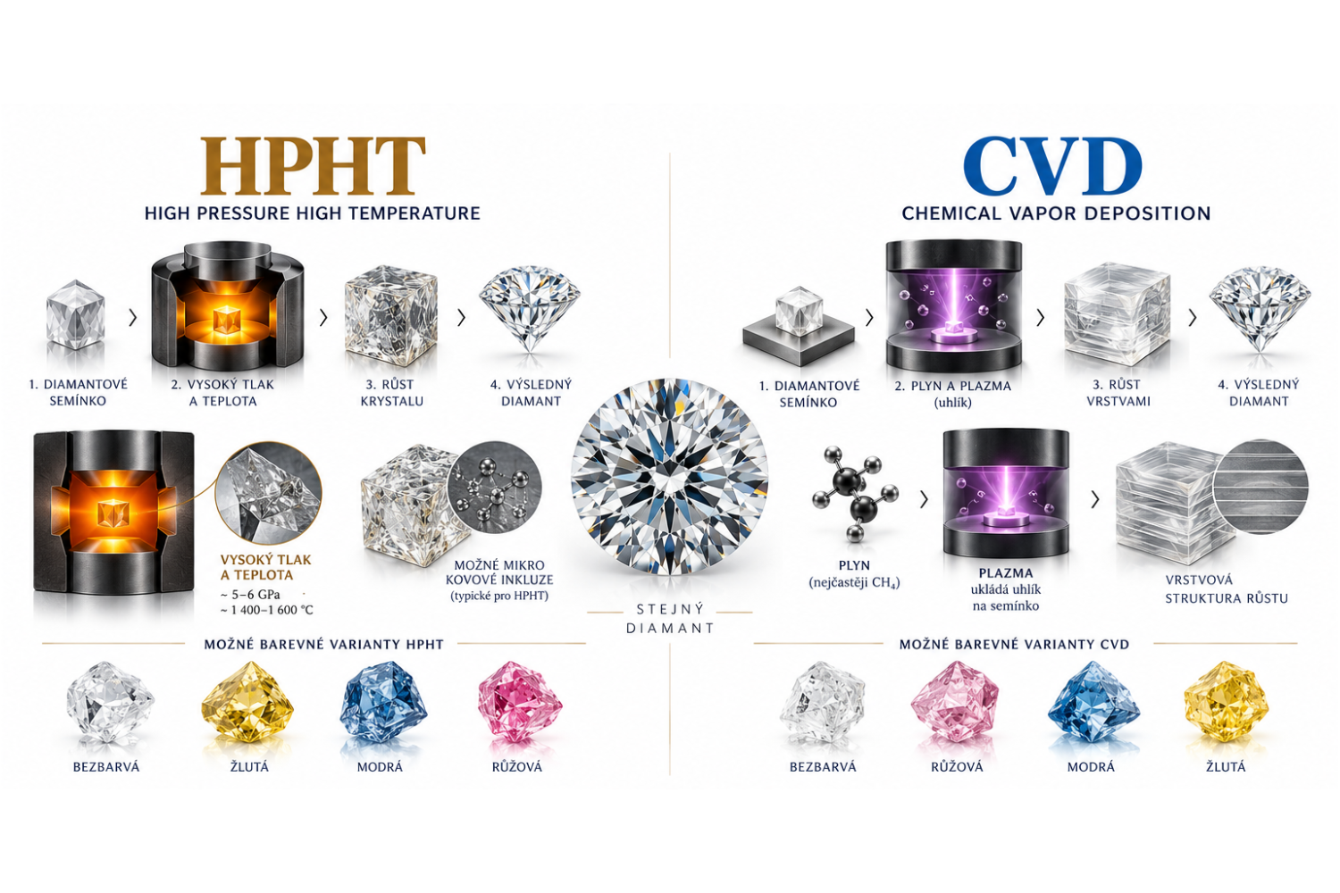 Comparison of the HPHT and CVD methods of growing lab-grown diamonds